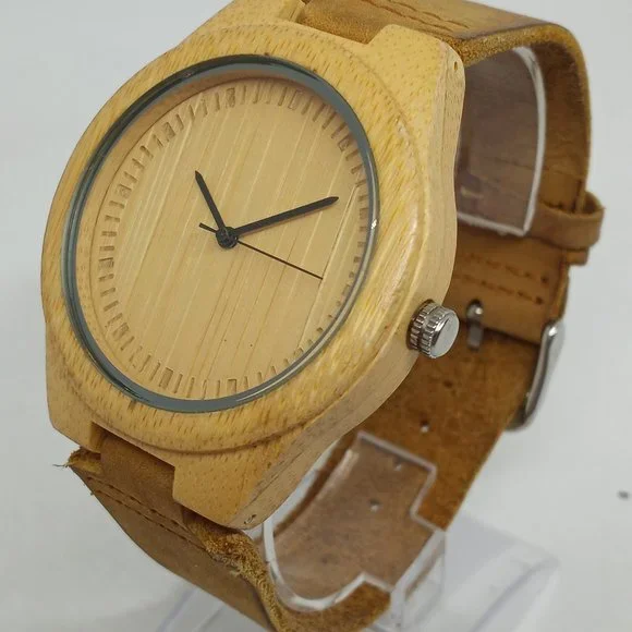 Cucol Men s 45mm Suede Leather Band Wood Watch NEW BATTERY